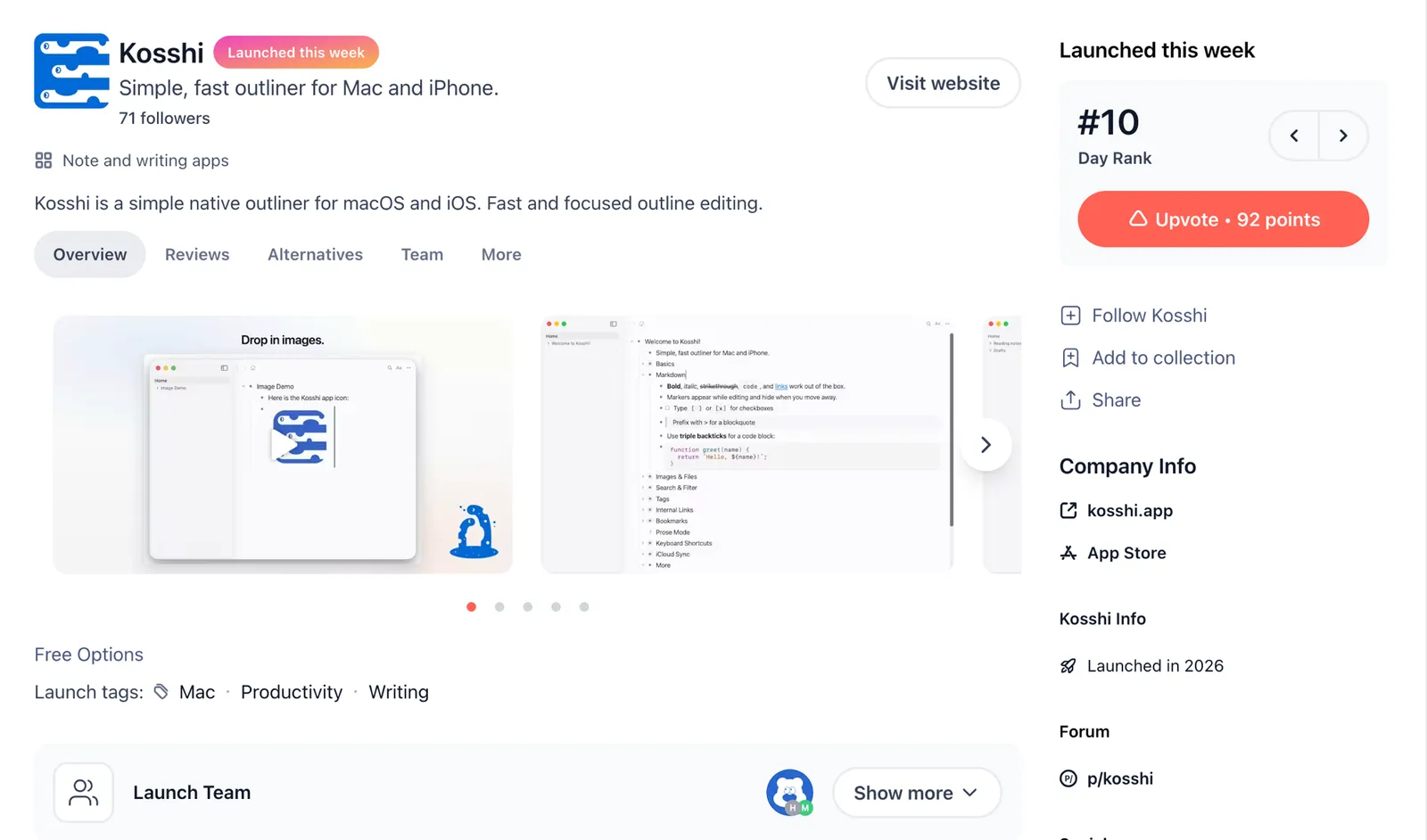 Product Hunt の Kosshi ページ。Note and writing カテゴリで Day Rank #10、92 upvotes