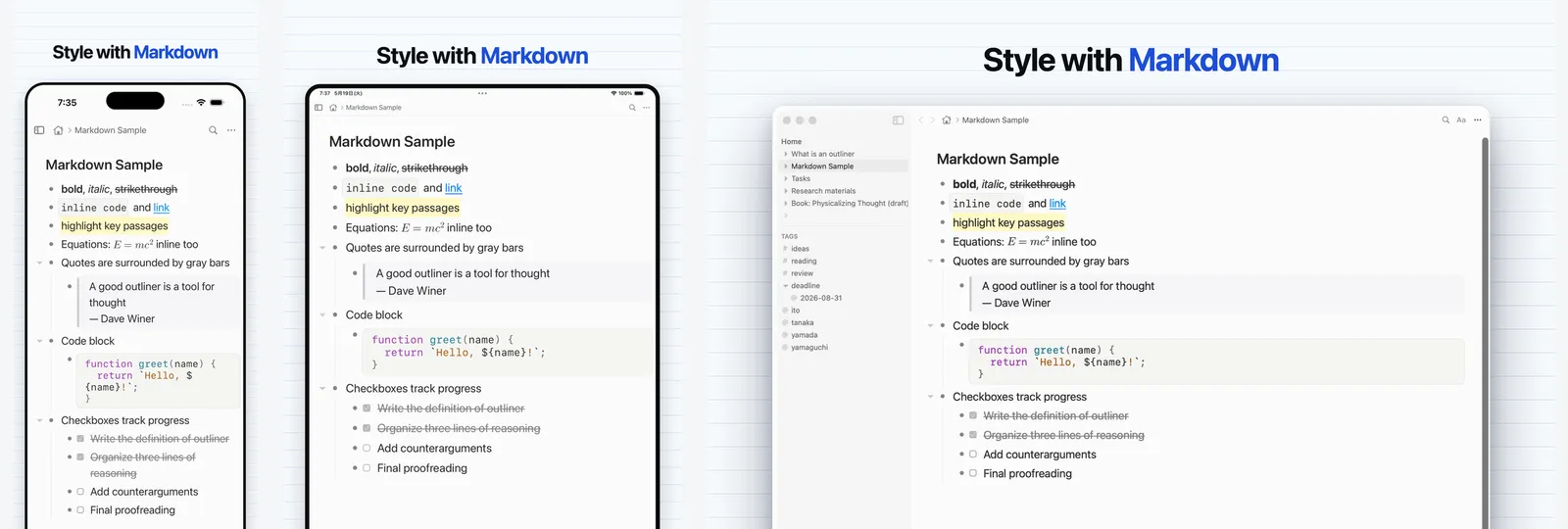 The same Markdown shot rendered for iPhone, iPad, and Mac. The screen sizes differ, but they're generated the same way.