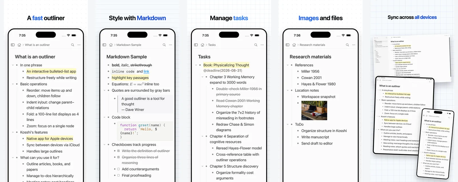 Five store images in a row, each showing one use: writing in the outliner, styling with Markdown, managing tasks, attaching images and files, and syncing across devices.