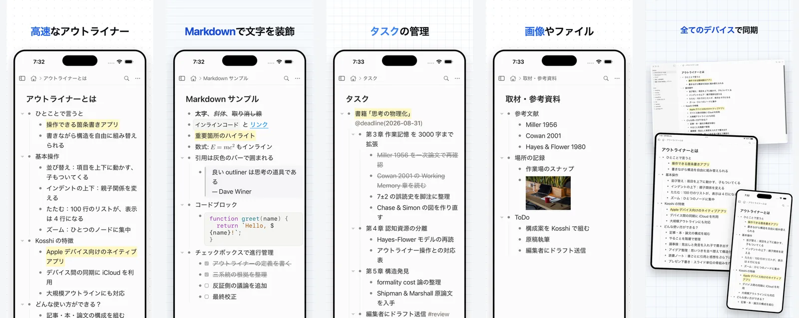 日本語版のストア画像を 5 枚並べたもの。アウトライナーで書く・Markdown で整える・タスク管理・画像やファイル・デバイス間の同期、と 1 枚ごとに 1 つの使い方を見せている